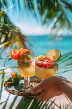 Beautiful exotic cocktails on the beach. Selective focus. drinks.
