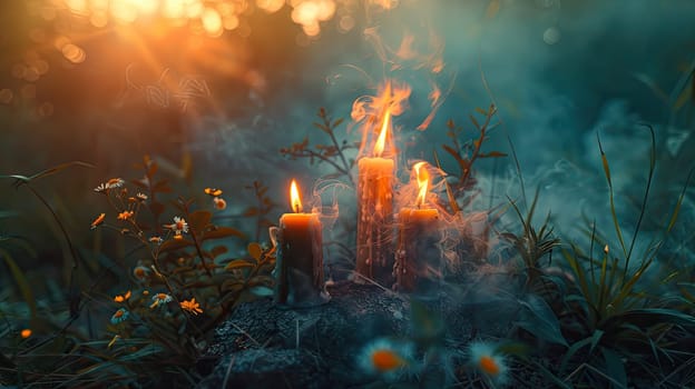 Candles and fortune telling magic in the forest. Selective focus. nature.