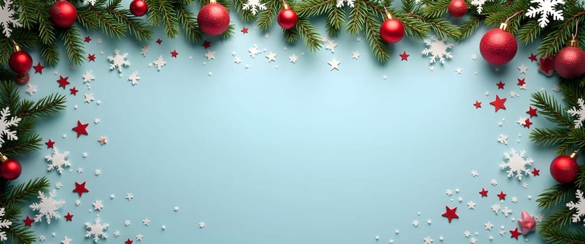 A serene blue background decorated with fresh fir branches and a soft, sparkling garland. This festive backdrop, with its subtle holiday decorations, exudes a cozy winter spirit, perfect for capturing the charm of the holiday season