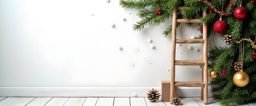 A bright and festive white background showcasing a beautifully decorated staircase adorned with fir branches, garlands, and sparkling Christmas ornaments. The elegant holiday decor on the staircase creates a warm and welcoming Christmas atmosphere, perfect for seasonal displays or festive home decor inspiration