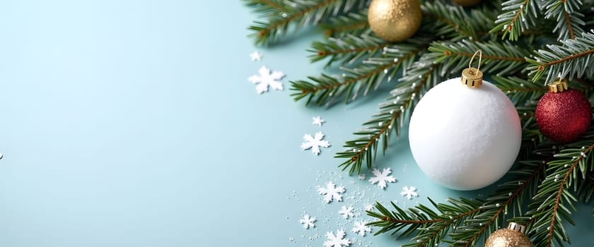 A winter-inspired blue Christmas background with a snowball ornament, decorated with fir branches, garlands, and festive holiday elements, creating a whimsical holiday setting