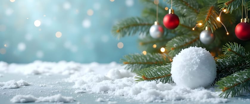 A winter-inspired blue Christmas background with a snowball ornament, decorated with fir branches, garlands, and festive holiday elements, creating a whimsical holiday setting