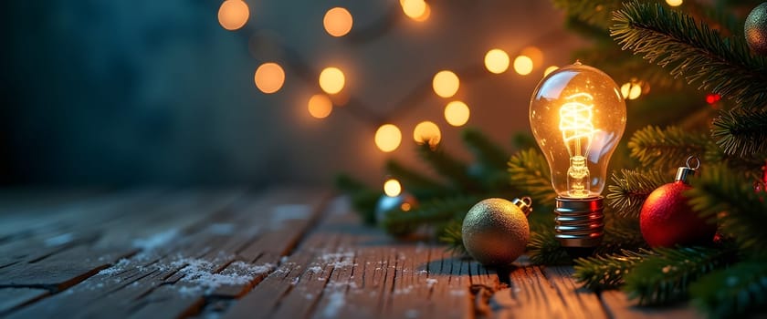 A cozy Christmas setting with a rustic wooden floor illuminated by a warm light bulb, surrounded by fir branches, glimmering garlands, and traditional holiday ornaments. This scene captures the essence of a warm, festive holiday ambiance