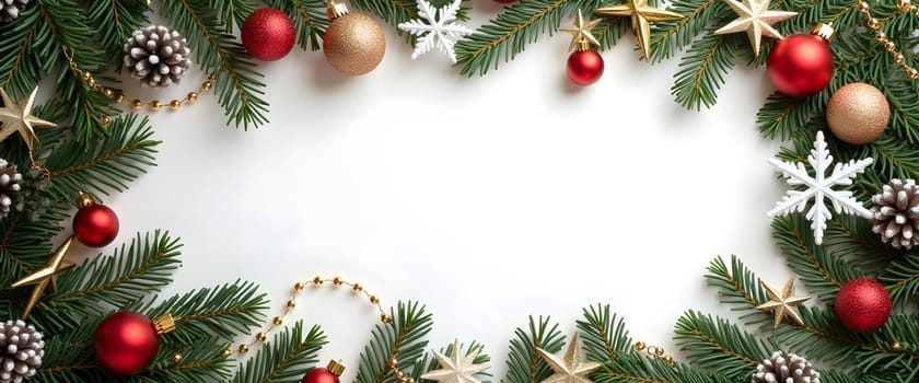 A minimalist white Christmas backdrop adorned with fir branches, garlands, and holiday decorations, creating a serene and festive seasonal atmosphere