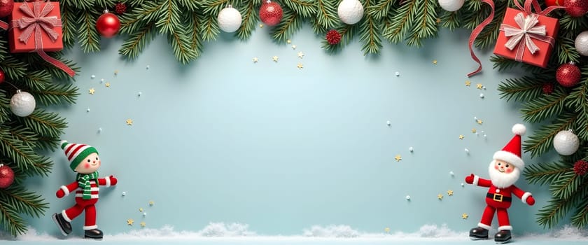 A playful blue Christmas scene with Santa and boy figurines, decorated with fir branches, garlands, and festive ornaments, perfect for adding holiday charm and joy