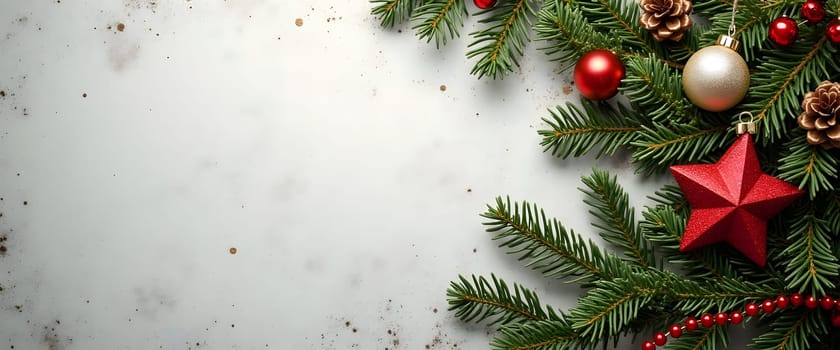 A stylish Christmas background with a gray backdrop, featuring a red star along with fir branches, garlands, and holiday ornaments, creating a modern and festive holiday scene