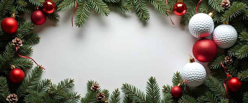 A minimalist white Christmas backdrop adorned with fir branches, garlands, and holiday decorations, creating a serene and festive seasonal atmosphere