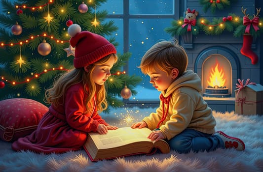Two cute little children reading a book together under the Christmas tree on Christmas Eve.