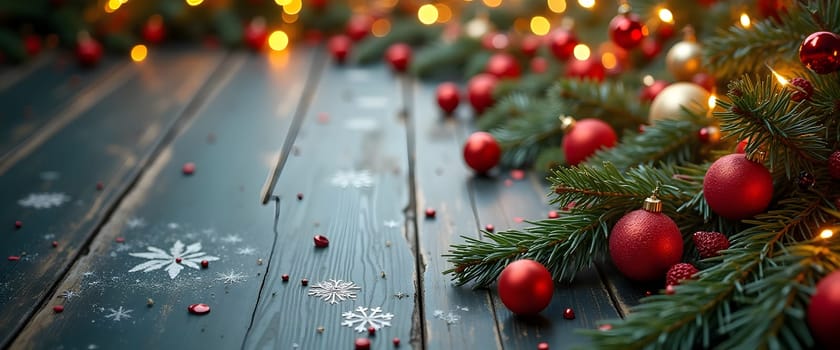A festive holiday scene featuring a dark blue wooden floor decorated with red ornaments, fir branches, garlands, and other Christmas decorations, creating a cozy and elegant seasonal ambiance