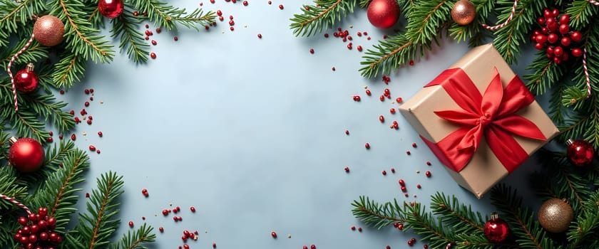 A charming Christmas scene with a blue background featuring a neatly wrapped gift box adorned with a vibrant red ribbon. Surrounded by fir branches, twinkling garlands, and holiday ornaments, this festive background brings warmth and joy to holiday presentations