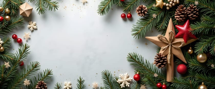 A bright holiday scene with a star tree topper surrounded by fir branches, garlands, and festive decorations, bringing warmth and elegance to the Christmas display