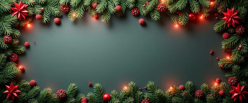 A cozy Christmas scene on a dark blue background decorated with fir branches, garlands, and festive ornaments, creating a warm and elegant holiday atmosphere