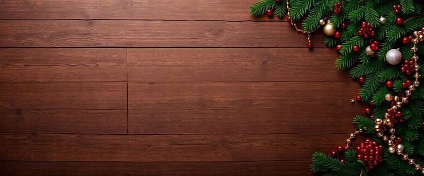 A warm holiday setting on a brown wooden floor, adorned with fir branches, garlands, and Christmas ornaments, creating a rustic and inviting holiday atmosphere