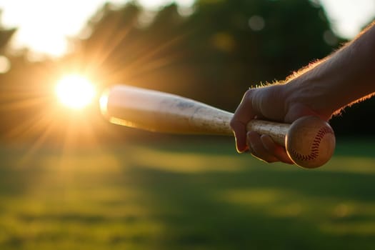 A baseball player holds a bat and ball in a field with the sun shining brightly. Concept of excitement and anticipation for the upcoming game