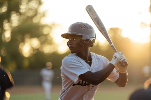 A baseball player is holding a bat and wearing a helmet. The scene is set in a field with a sunset in the background