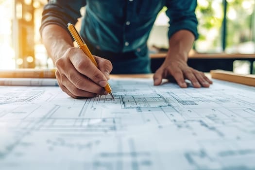 A man is drawing a building on a piece of paper with a pencil. The drawing is detailed and precise, with the man using a yellow pencil to create the lines