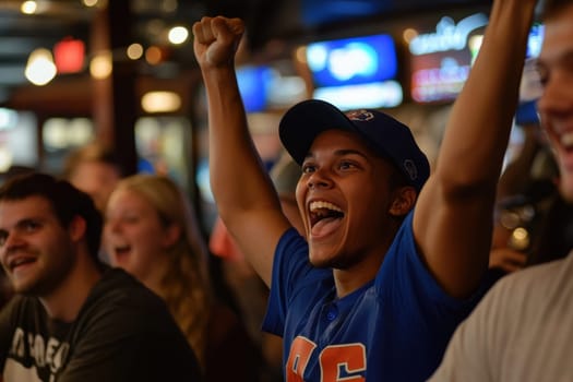 A man in a blue shirt with the number 8 on it is smiling and raising his hands in the air
