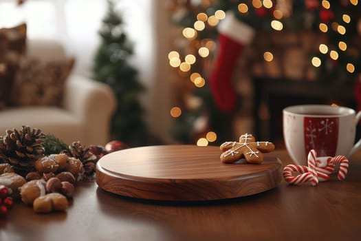 A wooden tray with a cookie and a cup of tea on it. The tray is empty and the cookie is a gingerbread man. The scene is set in a cozy living room with a Christmas tree in the background
