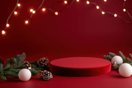 A red background with Christmas lights and a red pedestal with white balls on it. Scene is festive and joyful