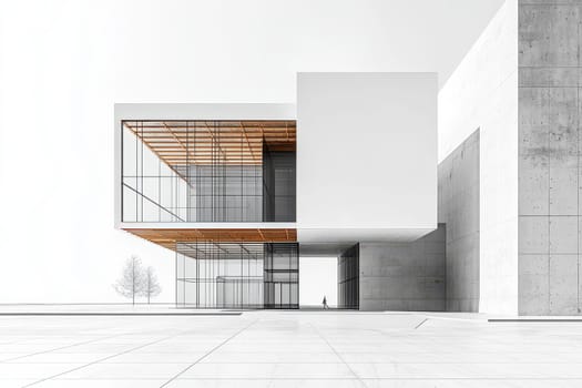 A white building with a wooden frame and a large window. The building is empty and the street is empty