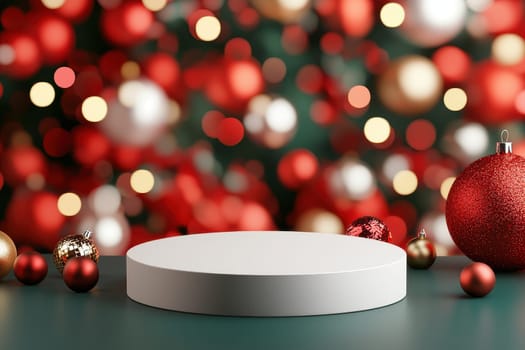 A white pedestal with red and white balls on top of it. The balls are arranged in a way that they look like they are floating in the air. The scene is set in a Christmas tree