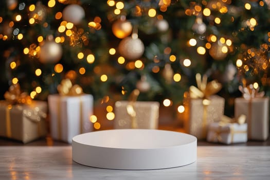 A white box with a white base and a white top sits on a wooden table. The box is empty, and the table is surrounded by a Christmas tree with many ornaments and lights