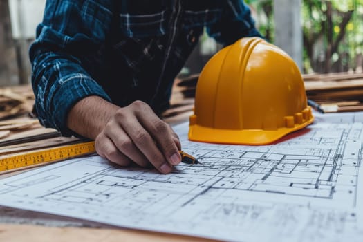 A man is drawing a blueprint of a building while wearing a yellow hard hat. Concept of construction and the importance of safety gear on the job site