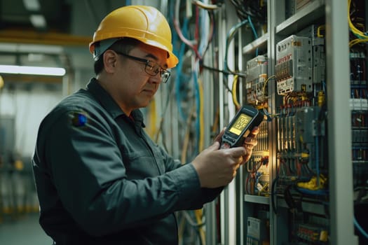 A man in a yellow hard hat is working on electrical equipment. He is holding a device that is displaying a message
