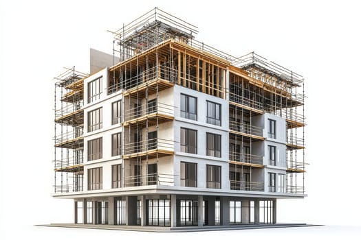 A large building with scaffolding on the side. The building is white and has a lot of windows