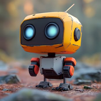 A fictional character resembling a yellow robot with blue eyes is standing in the dirt, looking like a toy or gadget that could be part of automotive design or electronic devices