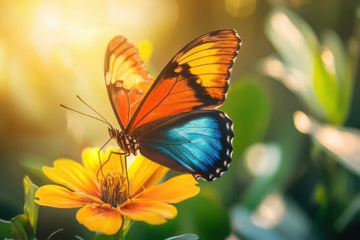 A butterfly with blue and orange wings is sitting on a yellow flower. The butterfly is surrounded by green leaves and the flower is in full bloom. Concept of beauty and tranquility, as the butterfly
