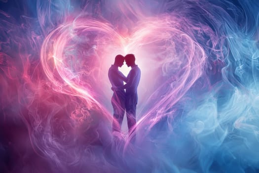 A couple embracing in a heart with smoke surrounding them. Scene is romantic and intimate