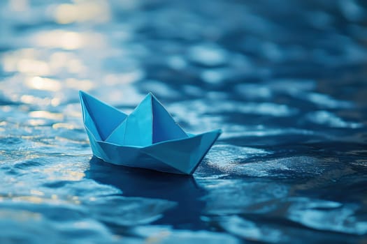 A small paper boat is floating on the surface of the water. Concept of tranquility and peacefulness, as the boat gently glides across the calm blue water