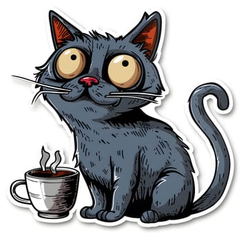 An illustration of a cartoon cat with wide eyes and coffee mug, cute and expressive.