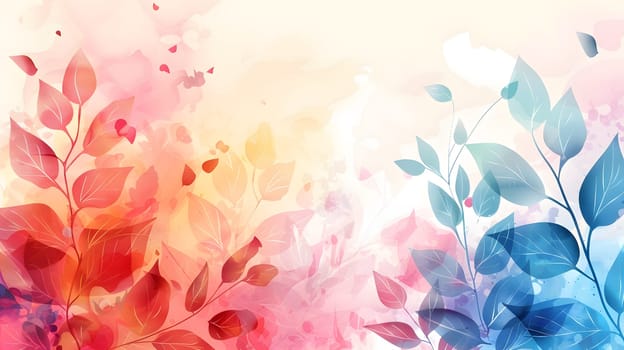 An artistic watercolor painting featuring plant leaves on a colorful background of magenta, peach, and grass. The vibrant pattern adds a touch of natureinspired beauty