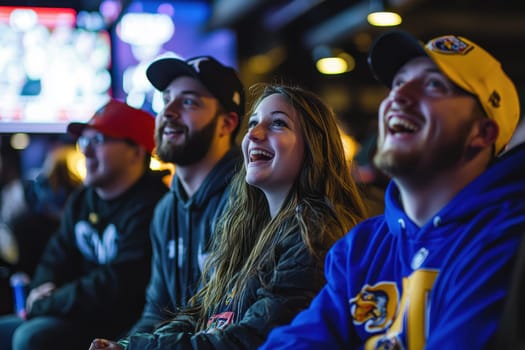 A group of people are sitting in a stadium watching a game. One of the people is wearing a blue jersey with the letter A on it