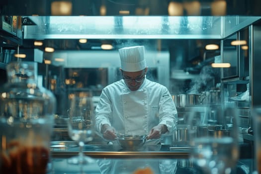 A chef is cooking in a kitchen with a lot of pots and pans. The chef is wearing a white hat and glasses. The kitchen is very busy and has a lot of activity