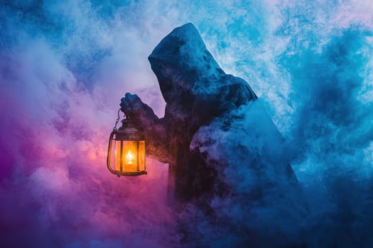 A person holding a lantern in a foggy, misty atmosphere. The lantern is lit, casting a warm glow on the scene. Scene is mysterious and ethereal