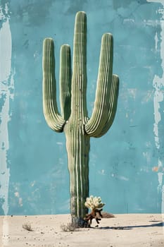Tall cactus in dry desert, stark blue sky background, minimalistic environmental shot