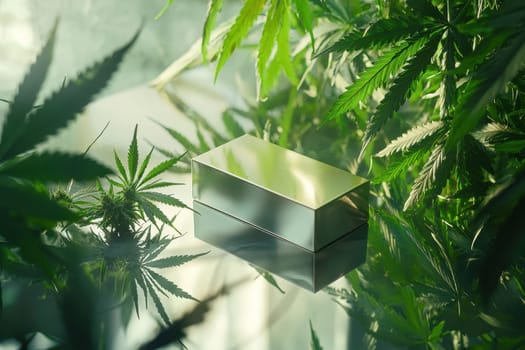 A box of marijuana is sitting on a table in a forest. The box is shiny and metallic, and the leaves of the marijuana plants are green and lush. The scene is serene and peaceful, with the box