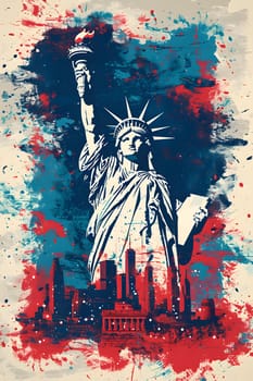 An art piece featuring a painting of the Statue of Liberty with a city skyline in the background, using red and magenta hues on textile material