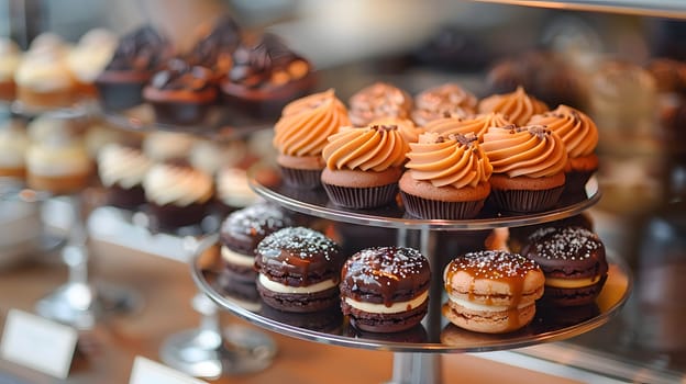 Indulge in a delicious display of chocolate cupcakes topped with decadent caramel frosting. These baked goods are the perfect dessert for any sweet tooth craving