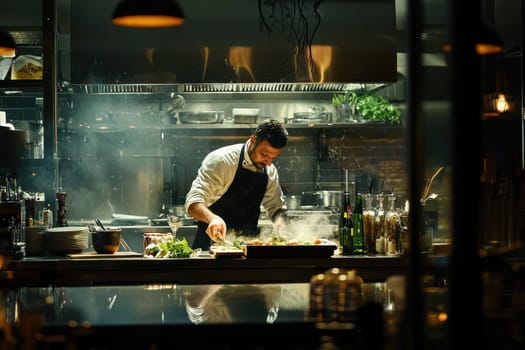 A chef is cooking in a kitchen with a lot of bottles and bowls. The kitchen is well lit and the chef is wearing an apron