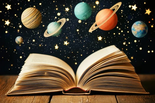 A book is open to a page with a picture of the solar system on it. The book is on a wooden table