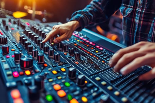 A man is playing a keyboard with a lot of buttons. The buttons are colorful and the man is pointing at one of them. Scene is energetic and creative, as the man is actively engaged in playing music