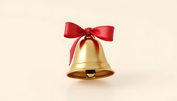 A single golden jingle bell with a red ribbon tied around it, fully isolated on a plain background, highlighting its metallic shine. Perfect for festive designs and holiday themes