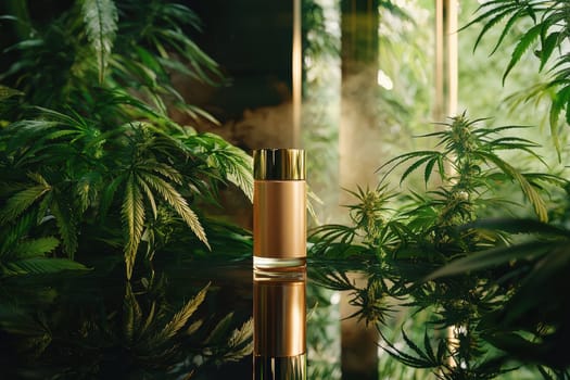 A bottle of lotion is sitting on a table in front of a lush green plant. The bottle is made of glass and has a gold color. The scene is set in a natural environment, with the plant