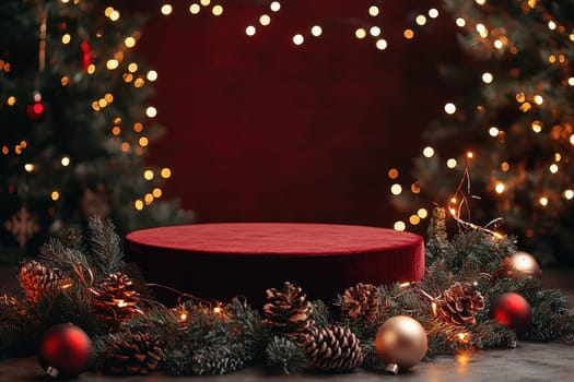 A red velvet pedestal with a red background and a bunch of Christmas decorations. Scene is festive and joyful
