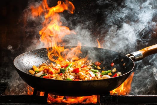 A pan of food is cooking on a stove with smoke and flames. The food is a stir fry with vegetables and meat