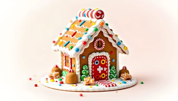 A beautifully decorated gingerbread house, fully isolated against a plain background, highlighting its colorful icing and candy decorations. Ideal for Christmas themes and festive visuals